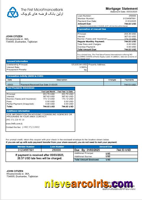 Tajikistani The First MicroFinance (FMFB) mortgage statement